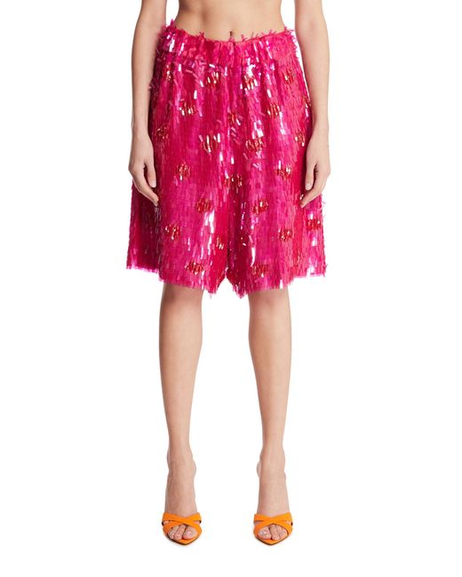 Dries Van Noten Red Sequin Bermuda Shorts