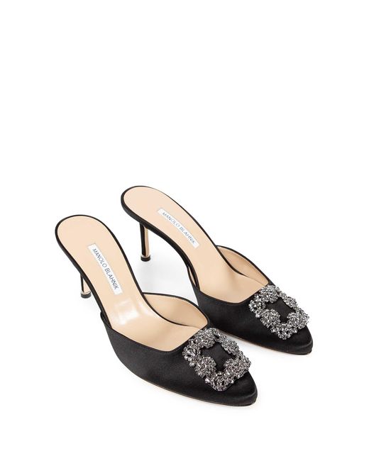 Manolo Blahnik Black Hangimisu Satin Buckle Mules