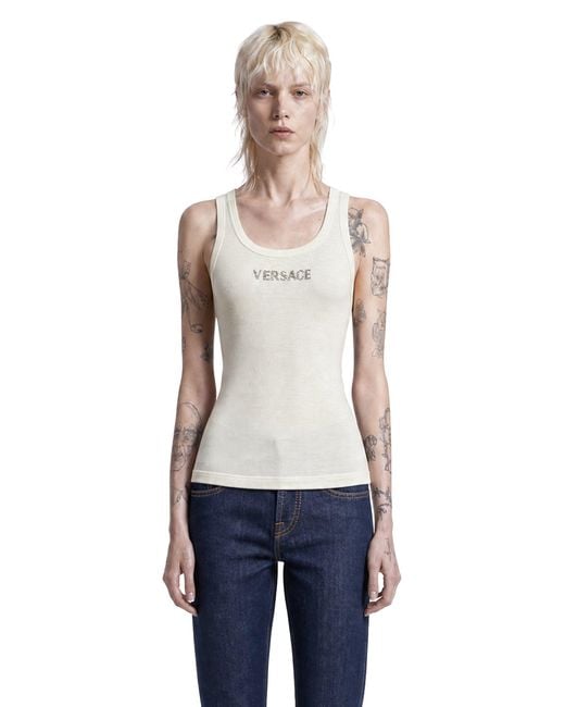 Versace White Embroidered Ribbed Wool Top