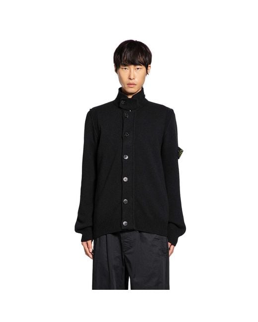 Stone Island Black High Neck Wool Blend Cardigan for men