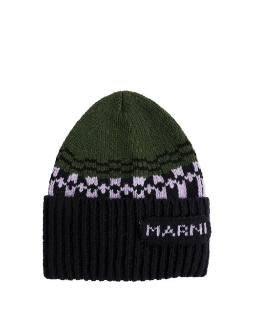 Marni Green Geometric Motif Wool Beanie for men