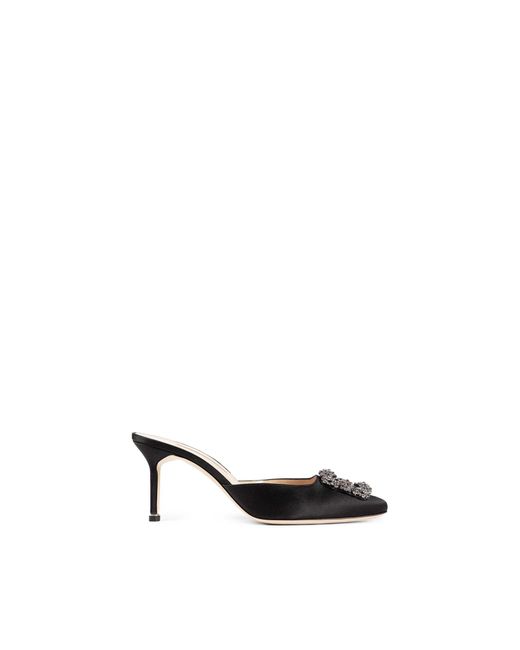 Manolo Blahnik Black Hangimisu Satin Buckle Mules