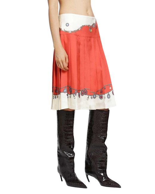 Versace Red Printed Twill Silk Midi Skirt