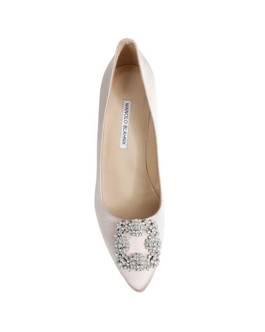 Manolo Blahnik White Hangisi 90 Satin Jewel Buckle Pumps