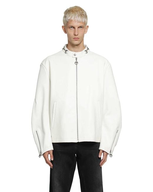 Gucci White Leather Horsebit Biker Jacket for men
