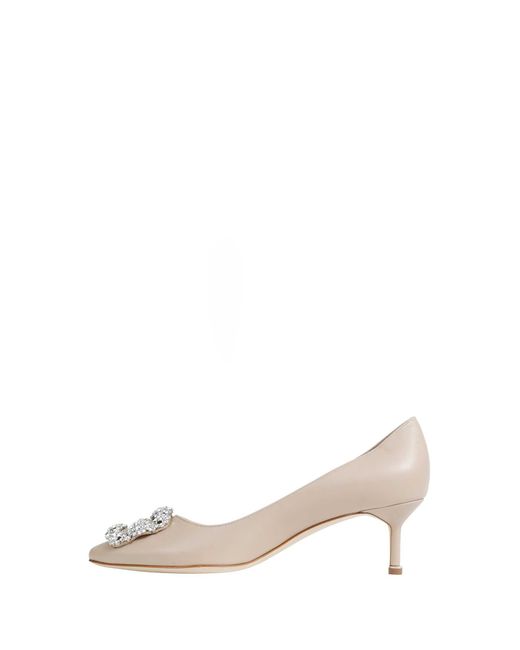 Manolo Blahnik White Hangisi 50 Satin Jewel Buckle Pumps