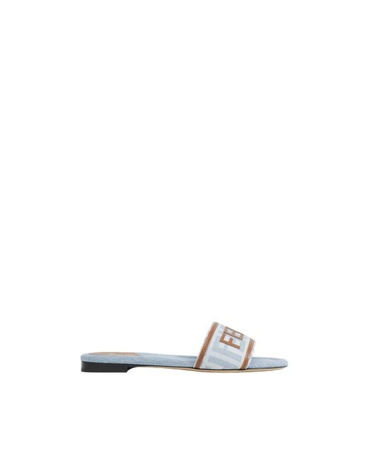 Fendi White Ff Nylon Denim And Leather Sllides