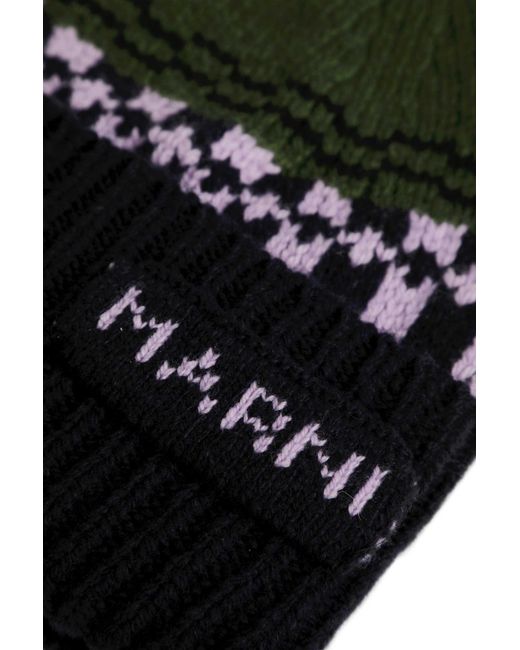 Marni Green Geometric Motif Wool Beanie for men