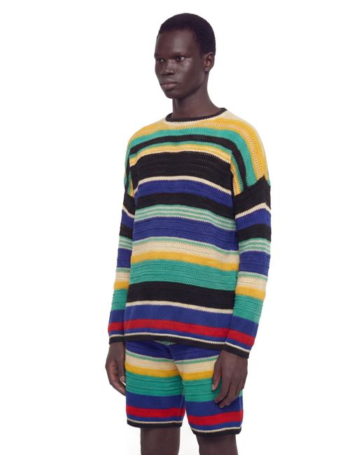 Laneus Multicolor Striped Crochet Knit Sweater for men