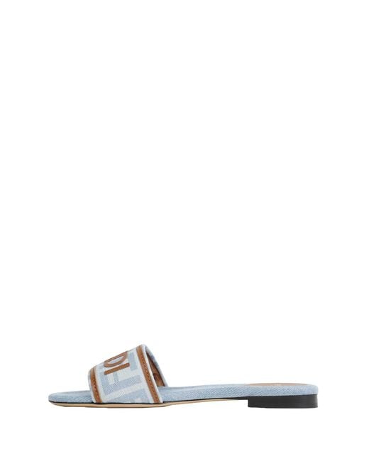 Fendi White Ff Nylon Denim And Leather Sllides