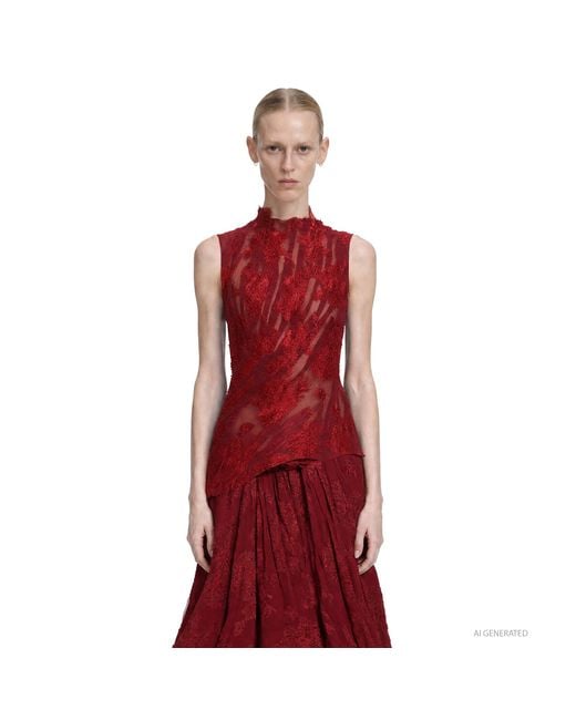 Marc Le Bihan Red Pleated Lace Long Sleeve Top
