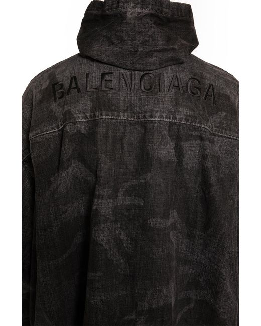 Balenciaga Black Washed Camo Denim Hooded Shirt for men