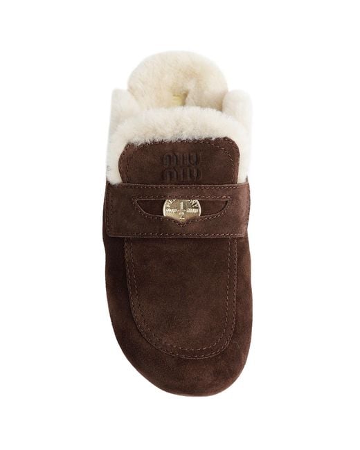 Miu Miu Brown Shearling-Lined Suede Mules
