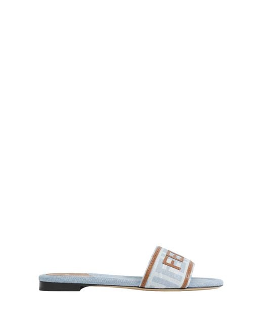 Fendi White Ff Nylon Denim And Leather Sllides