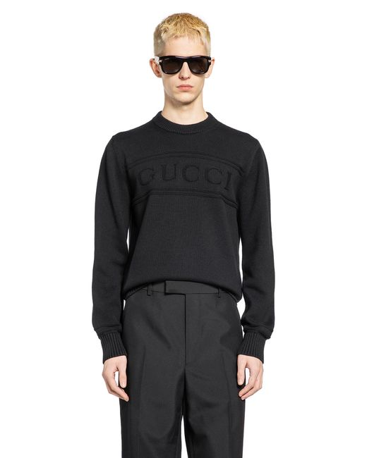 Gucci Black Knit Cotton Wool Jumper With Intarsia for men