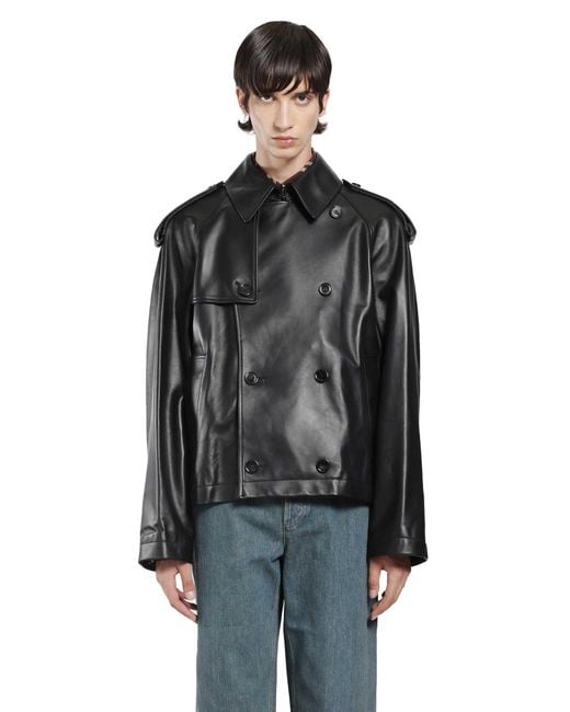 Burberry Black Cropped Leather Leadenham Trench Coat for men