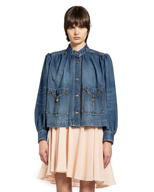 Chloé Blue High Neck Gathered Denim Jacket