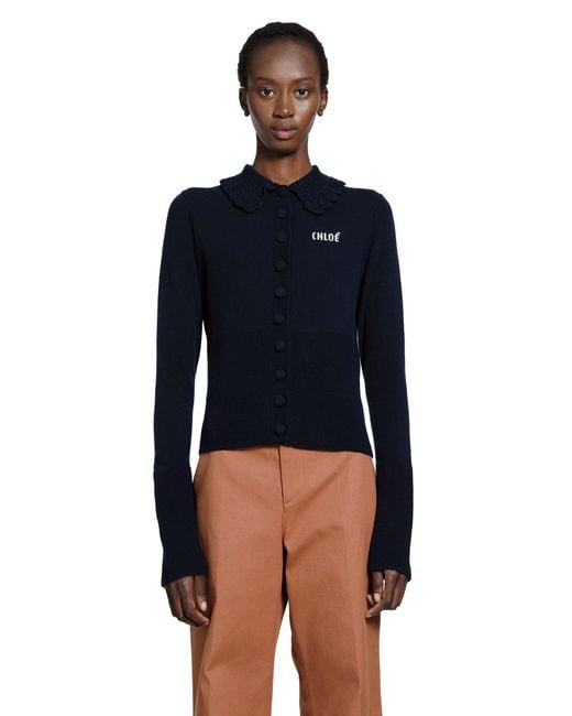 Chloé Blue Logo Embroidered Wool Cardigna