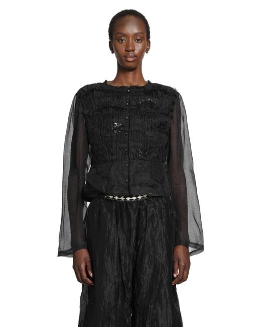 Renli Su Black Shirred Silk Twill And Organza Shirt