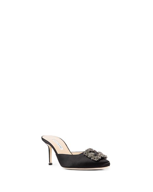 Manolo Blahnik Black Hangimisu Satin Buckle Mules