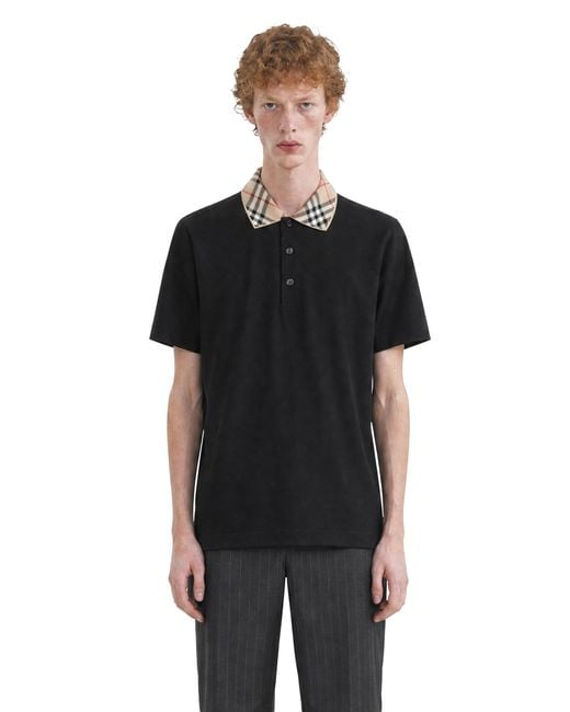 Burberry Black Check Collar Cotton Polo Shirt for men