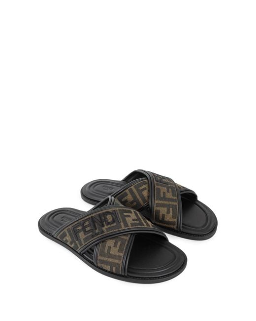 Fendi Black Ff Fabric Slides for men