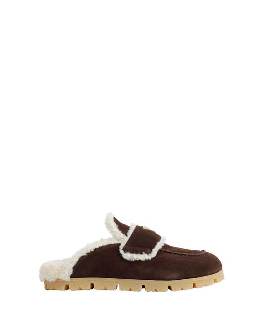 Prada Brown Suede And Shearling Mules