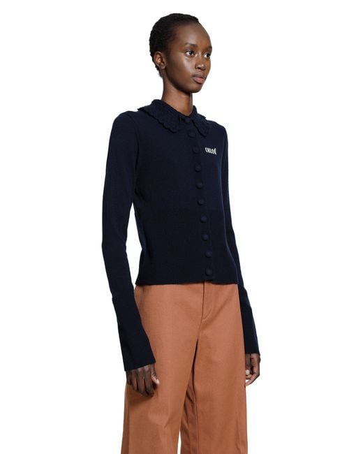 Chloé Blue Logo Embroidered Wool Cardigna
