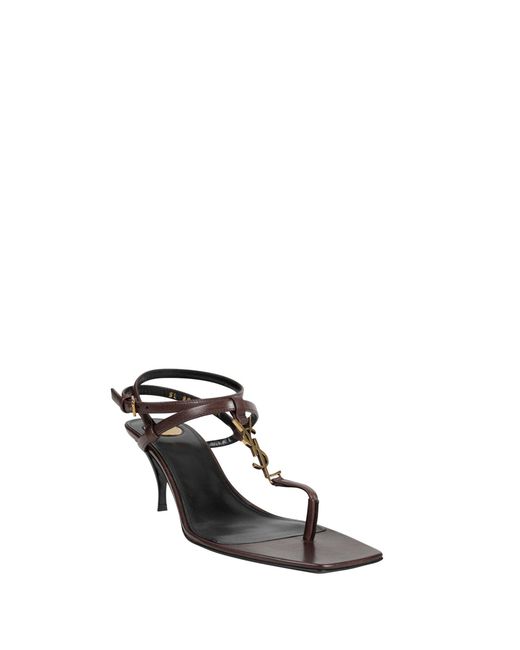 Saint Laurent Brown Cassandre Leather Sandals