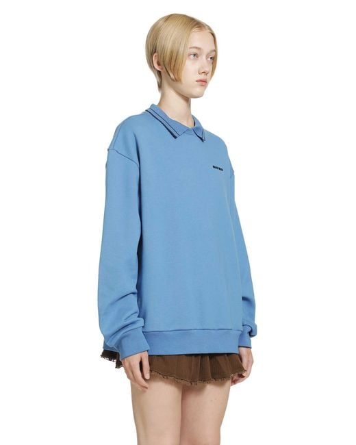 Miu Miu Blue Cotton Fleece Polo Sweatshirt