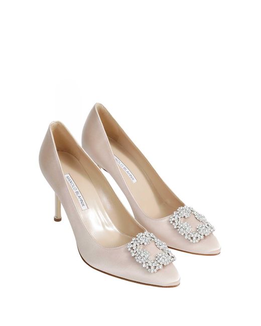 Manolo Blahnik White Hangisi 90 Satin Jewel Buckle Pumps