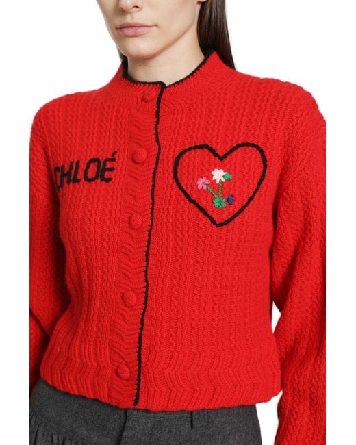 Chloé Red Heart Logo Wool-Cashmere Cardigan
