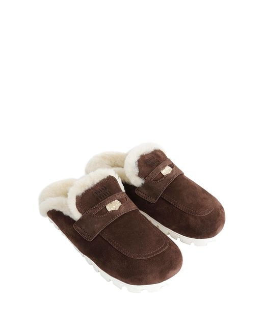 Miu Miu Brown Shearling-Lined Suede Mules