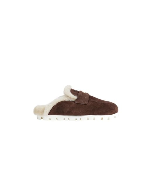 Miu Miu Brown Shearling-Lined Suede Mules