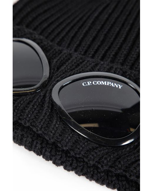C P Company Black Wool Ribbed Beanie for men