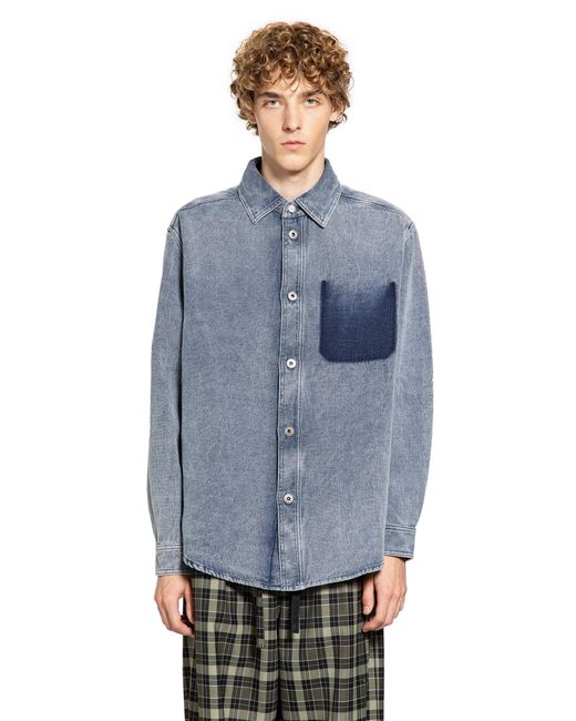 Loewe Blue Cotton Linen Long Sleeve Shirt for men