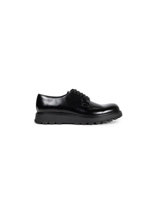 Prada Black Brushed Leather Lace-Up Shoes for men