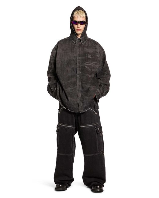 Balenciaga Black Washed Camo Denim Hooded Shirt for men