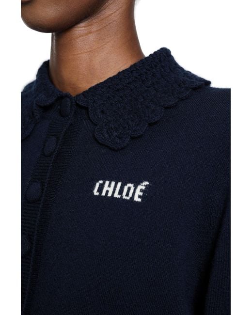 Chloé Blue Logo Embroidered Wool Cardigna