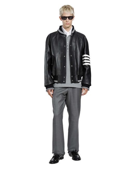 Thom Browne Black 4-Bar Leather Bomber for men