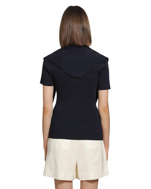 Max Mara Blue Tie-Detailed Ribbed-Knit T-Shirt
