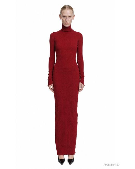Marc Le Bihan Red Turtleneck Nylon Silk Long Dress