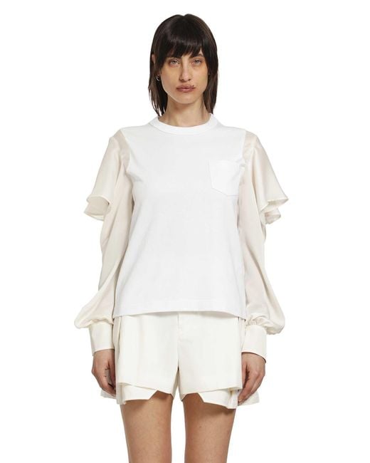Sacai White Satin X Cotton Jersey T-Shirt