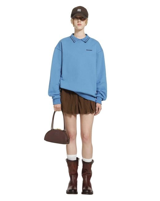 Miu Miu Blue Cotton Fleece Polo Sweatshirt