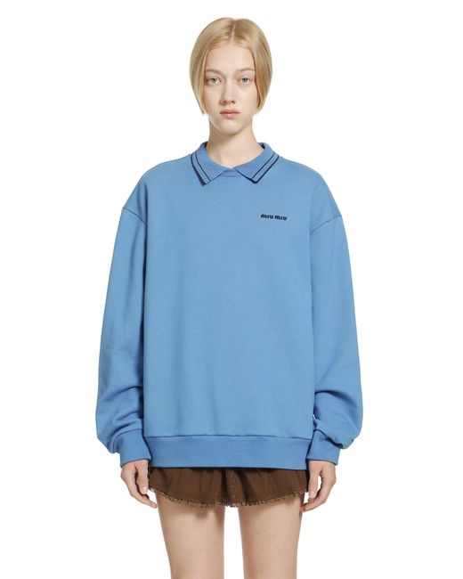 Miu Miu Blue Cotton Fleece Polo Sweatshirt