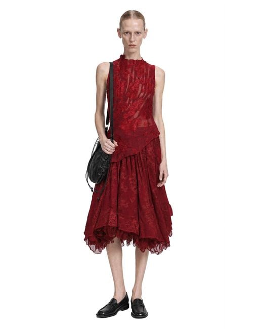 Marc Le Bihan Red Pleated Lace Long Sleeve Top