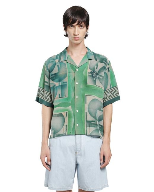 Versace Green Printed Crêpe De Chine Silk Shirt for men