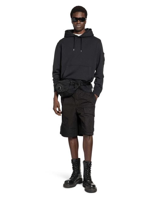 C P Company Black Cotton Diagonal Fleece Lens Hoodie for men