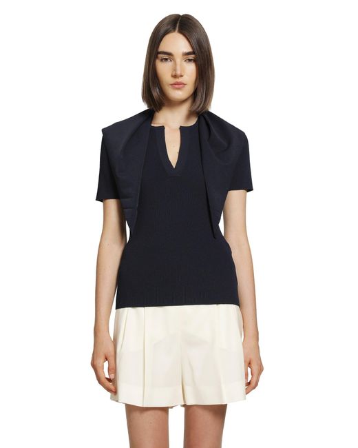 Max Mara Blue Tie-Detailed Ribbed-Knit T-Shirt