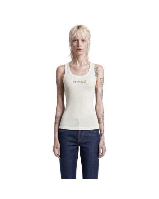 Versace White Embroidered Ribbed Wool Top